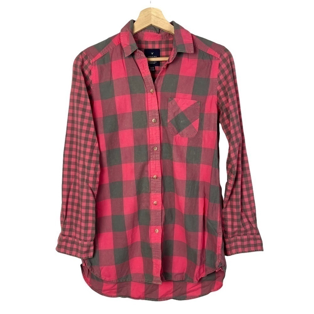 American Eagle Red &‎ Gray Jegging Plaid Long Sleeve Button Down XS